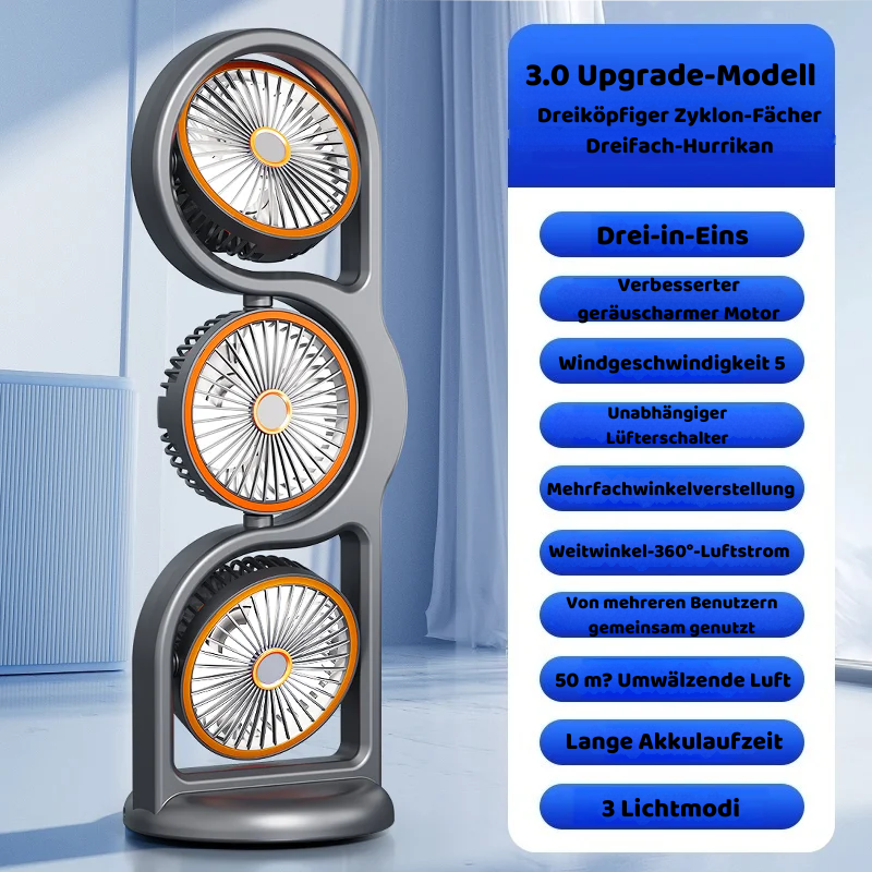 Tragbarer USB Ventilator mit 3 Köpfen & 5 Stufen Kühlung