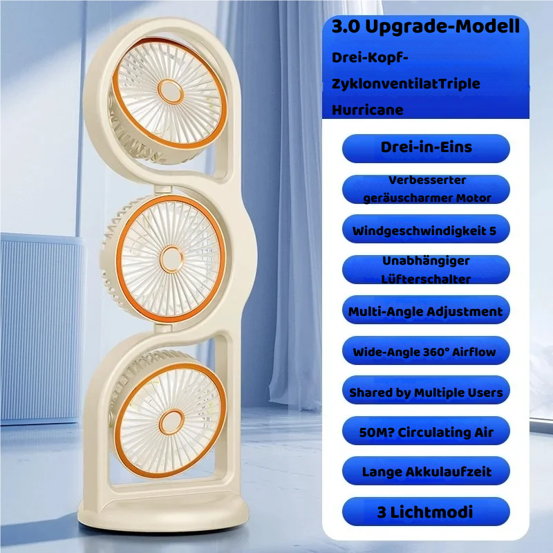 Tragbarer USB Ventilator mit 3 Köpfen & 5 Stufen Kühlung