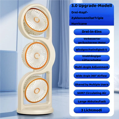 Tragbarer USB Ventilator mit 3 Köpfen & 5 Stufen Kühlung