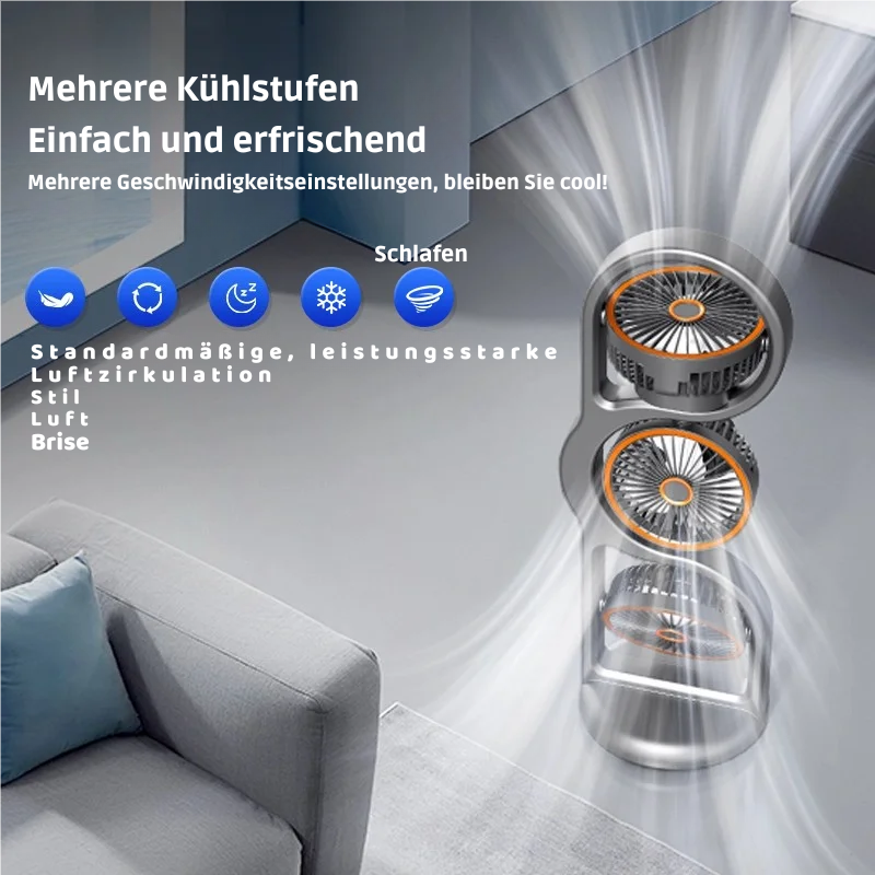 Tragbarer USB Ventilator mit 3 Köpfen & 5 Stufen Kühlung