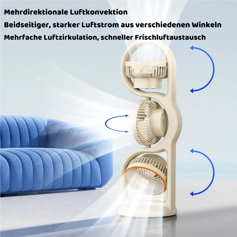 Tragbarer USB Ventilator mit 3 Köpfen & 5 Stufen Kühlung