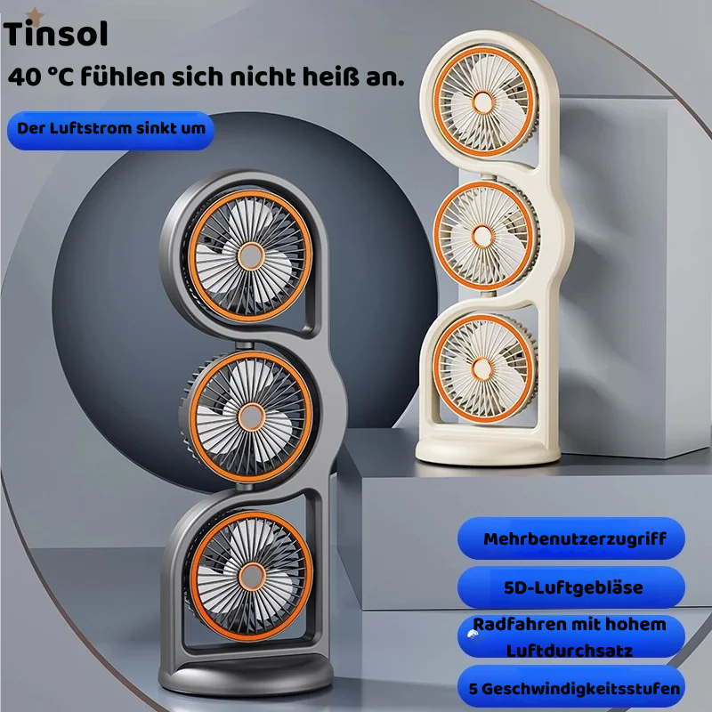 Tragbarer USB Ventilator mit 3 Köpfen & 5 Stufen Kühlung