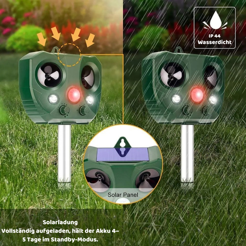 Solar Tierabwehrgerät mit Ultraschall & LED Schutz