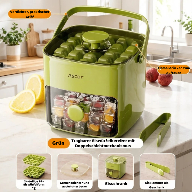 One-Press Eiswürfelform mit Box & Zange – 48 Fächer Komfort