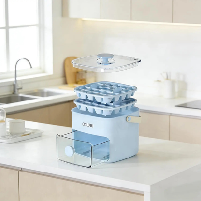One-Press Eiswürfelform mit Box & Zange – 48 Fächer Komfort