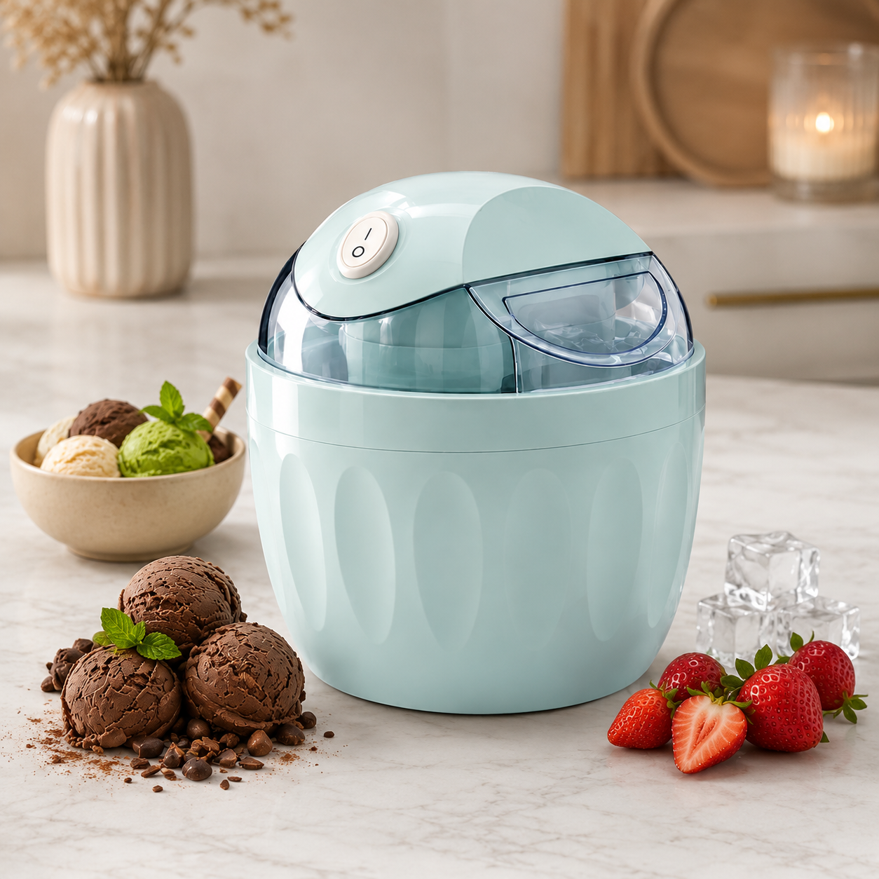 Mintfarbene 2-in-1 Mini Eiscreme-Maschine auf einer Küchenarbeitsplatte mit frischen Erdbeeren, Eiswürfeln und Eiskugeln.