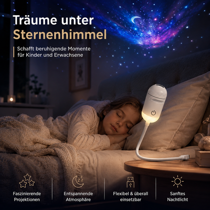Lifestyle-Bild der 2-in-1 USB Galaxy Projektorlampe mit beeindruckender Sternenhimmel-Projektion für eine entspannende Atmosphäre im Schlafzimmer.