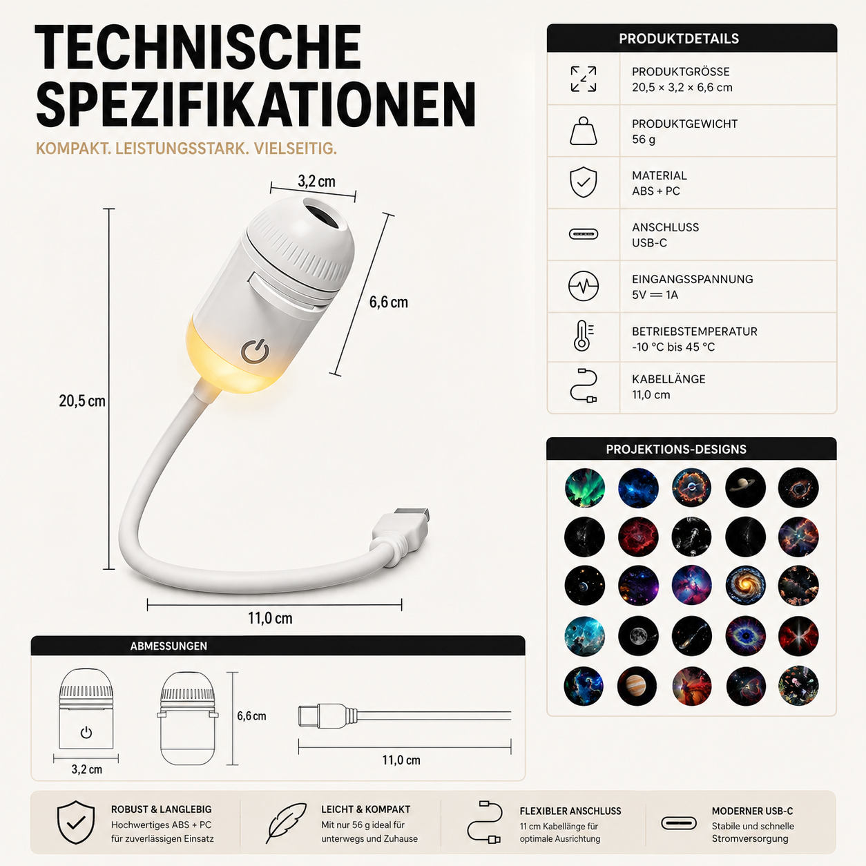 Technische Infografik der 2-in-1 USB Galaxy Projektorlampe mit Abmessungen, Material, USB-C-Anschluss und Produktdetails.