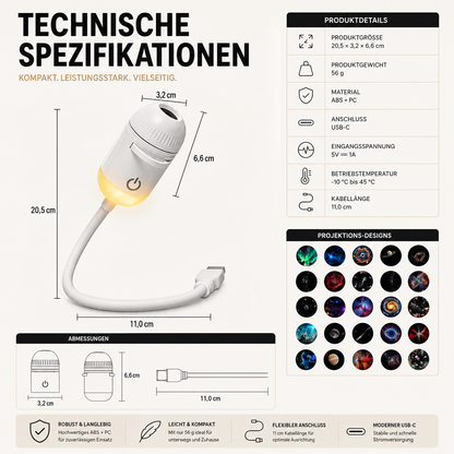 Technische Infografik der 2-in-1 USB Galaxy Projektorlampe mit Abmessungen, Material, USB-C-Anschluss und Produktdetails.