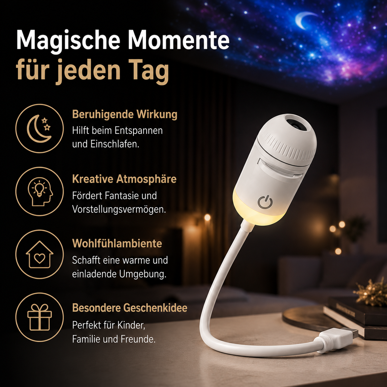 Infografik der 2-in-1 USB Galaxy Projektorlampe mit den wichtigsten Vorteilen wie Sternenhimmel-Projektion, Nachtlicht und stimmungsvoller Ambientebeleuchtung.