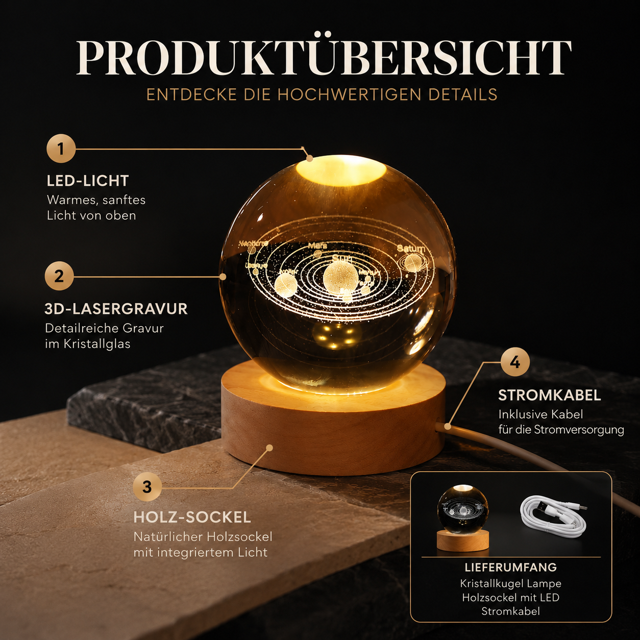 Edle Kristallkugel mit präziser 3D-Lasergravur des Sonnensystems, warmem LED-Licht, hochwertigem Holzsockel und USB-Stromversorgung. Perfekt als stilvolle Dekoration oder Geschenk.