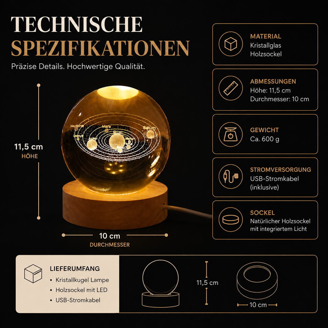 Hochwertige Kristalllampe mit LED-Holzsockel, 11,5 cm Höhe und 10 cm Durchmesser. Inklusive USB-Stromkabel – ideal als stilvolle Dekoration oder Geschenk.