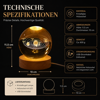 Hochwertige Kristalllampe mit LED-Holzsockel, 11,5 cm Höhe und 10 cm Durchmesser. Inklusive USB-Stromkabel – ideal als stilvolle Dekoration oder Geschenk.