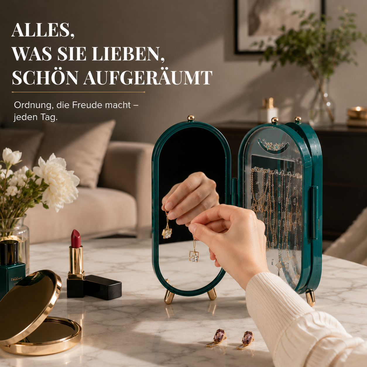 Mit diesem eleganten Schmuckorganizer bleiben Ketten, Ohrringe, Ringe und Armbänder sicher verstaut und jederzeit griffbereit. Die perfekte Kombination aus Ordnung, Schutz und modernem Design.