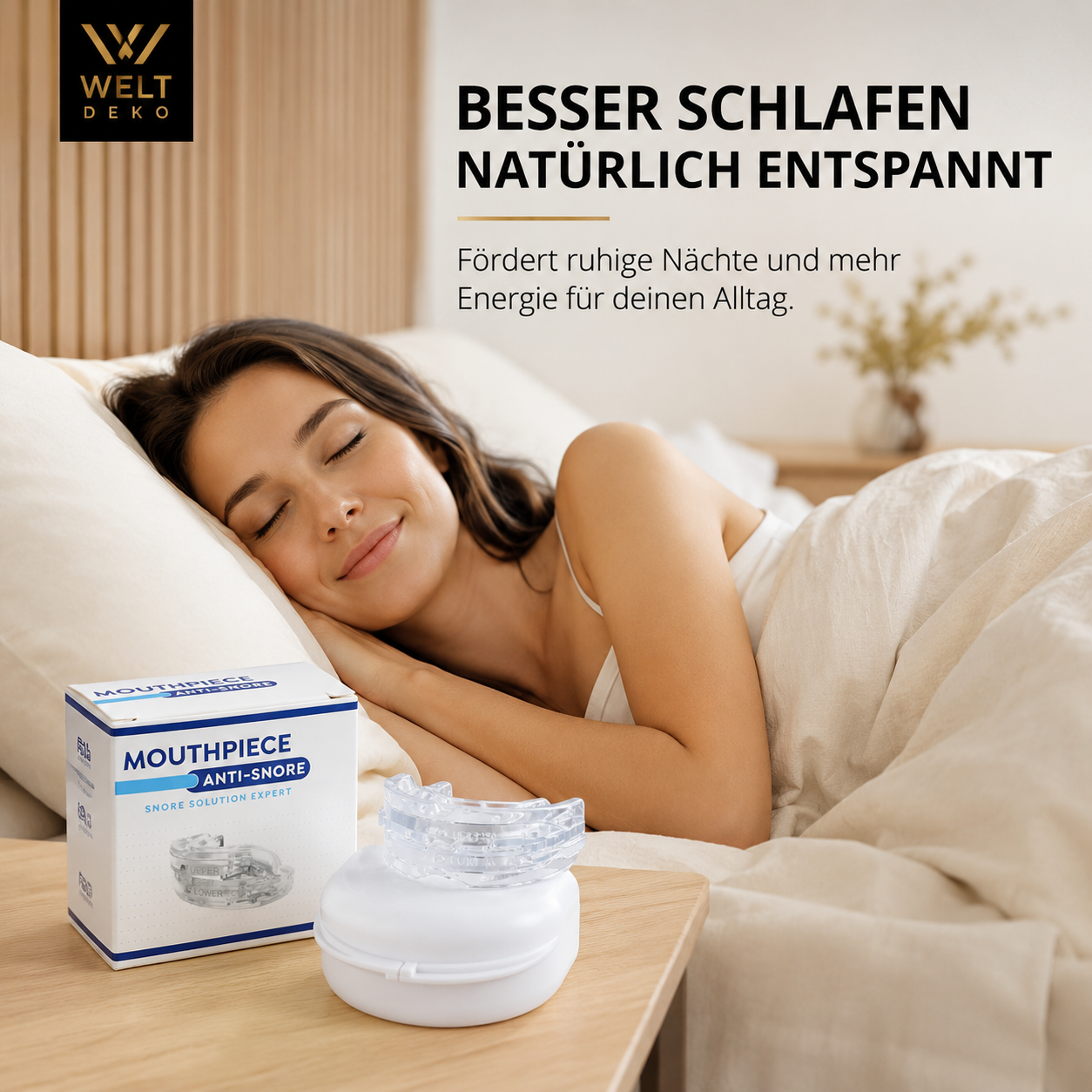 Das Anti-Schnarch-Mundstück unterstützt ruhige Nächte und einen entspannten Schlaf. Praktisch mit Aufbewahrungsbox für den täglichen Gebrauch.
