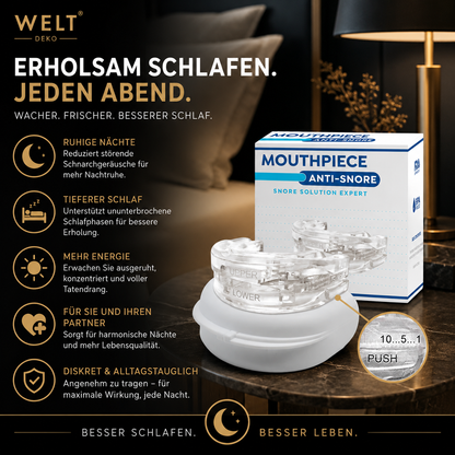 Das Anti-Schnarch-Mundstück fördert einen ruhigen und erholsamen Schlaf. Angenehm zu tragen, wiederverwendbar und mit praktischer Aufbewahrungsbox für den täglichen Einsatz.