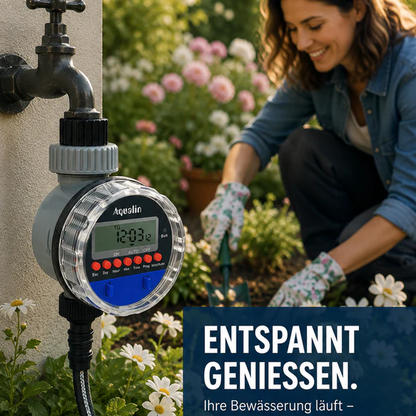 Digitale Bewässerungsuhr sorgt für eine zuverlässige automatische Bewässerung, während Pflanzen entspannt gepflegt werden.