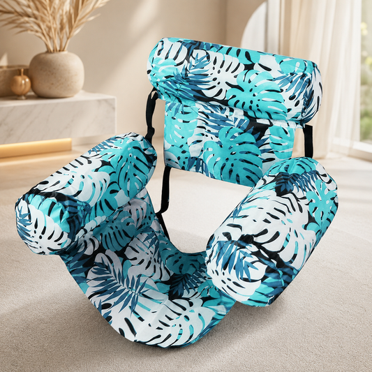 Baby Schwimmsitz mit integriertem Sonnendach im blauen Tropenmuster für sicheres und komfortables Schwimmen im Pool.