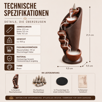 Technical specification chart displaying the dimensions and details of the ceramic backflow incense burner.
