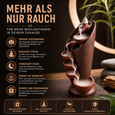 Feature infographic highlighting the calming atmosphere and smoke flow of the ceramic incense burner.