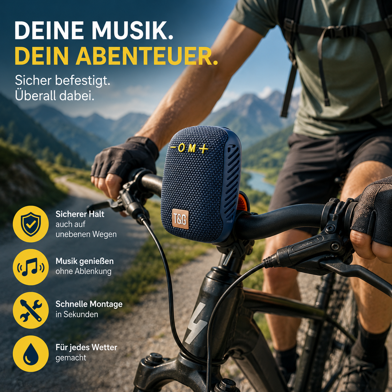 Tragbarer Bluetooth-Lautsprecher am Fahrrad für Musik bei Outdoor-Abenteuern