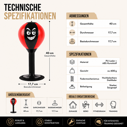 Technische Infografik des freistehenden Boxsacks mit Maßen, Materialangaben und Größenübersicht.