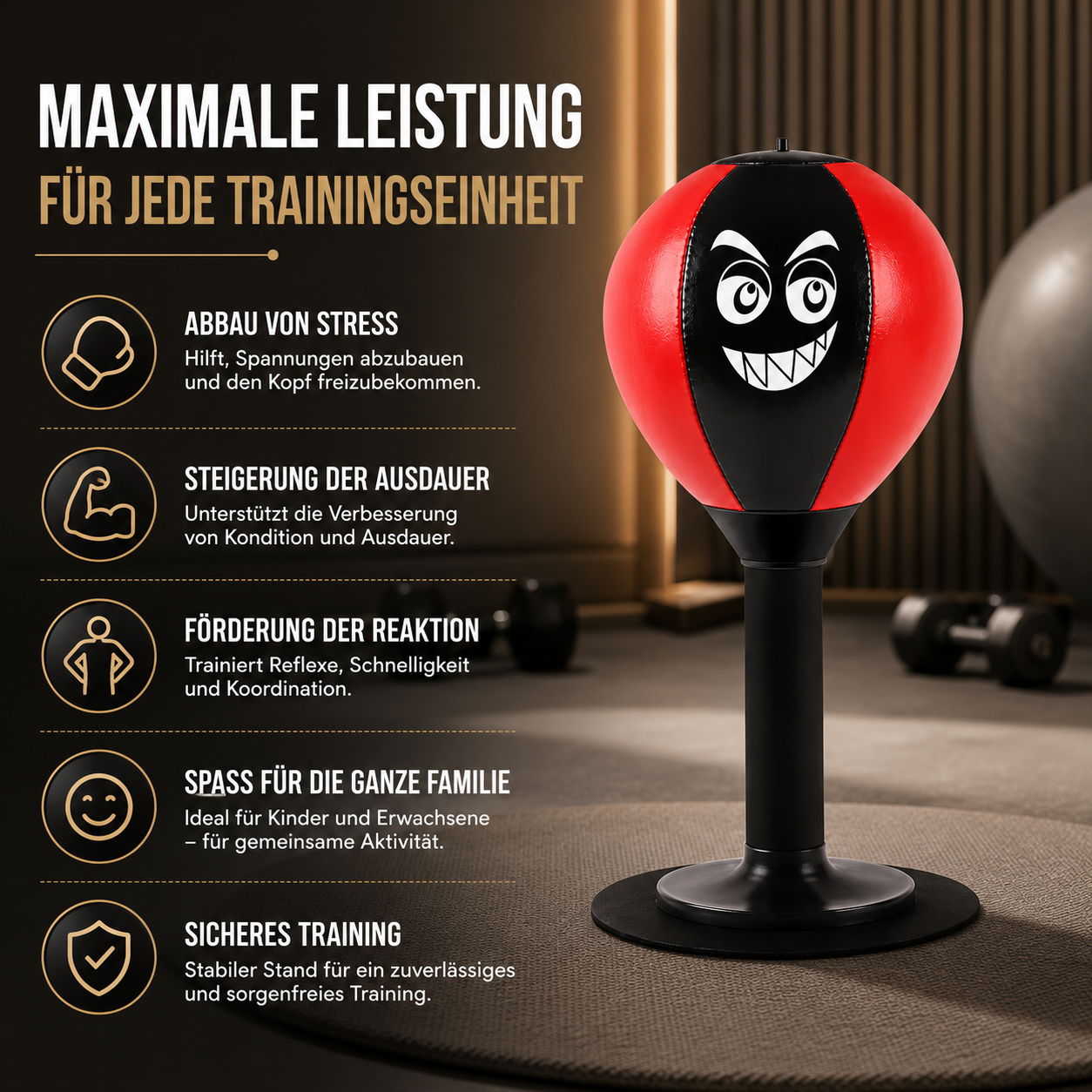 Freistehender Boxsack mit Standfuß und Übersicht der wichtigsten Trainingsvorteile in modernem Infografik-Design.