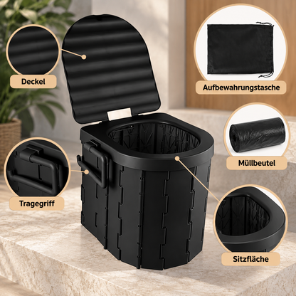 Schwarze faltbare Campingtoilette mit Aufbewahrungstasche und enthaltenem Zubehör