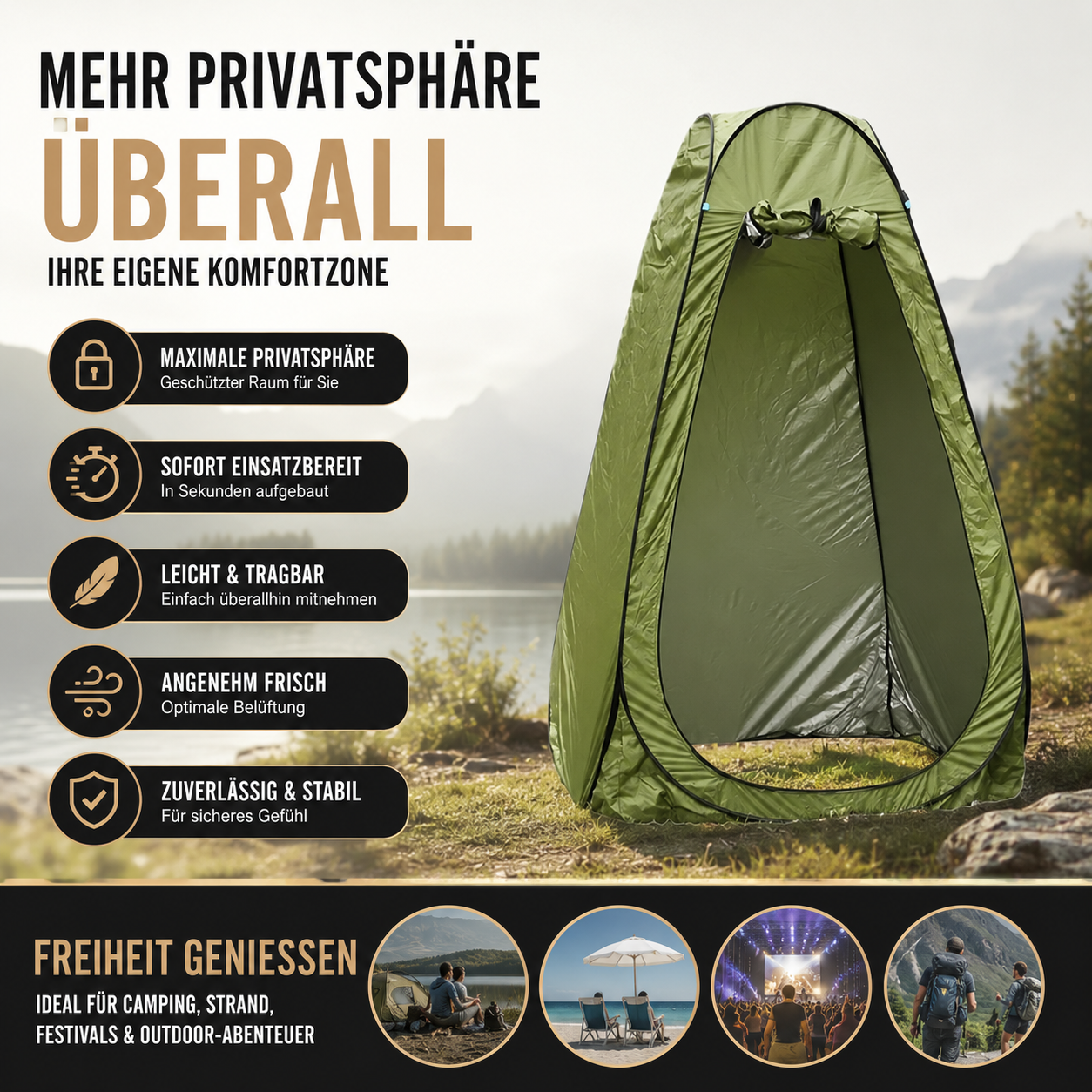 Mobiles Pop-up Sichtschutzzelt für Camping, Strand und Festivals mit vielseitigen Einsatzmöglichkeiten als Dusch-, Umkleide- und Toilettenzelt.