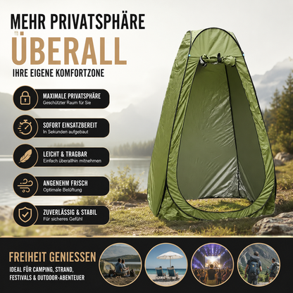 Mobiles Pop-up Sichtschutzzelt für Camping, Strand und Festivals mit vielseitigen Einsatzmöglichkeiten als Dusch-, Umkleide- und Toilettenzelt.