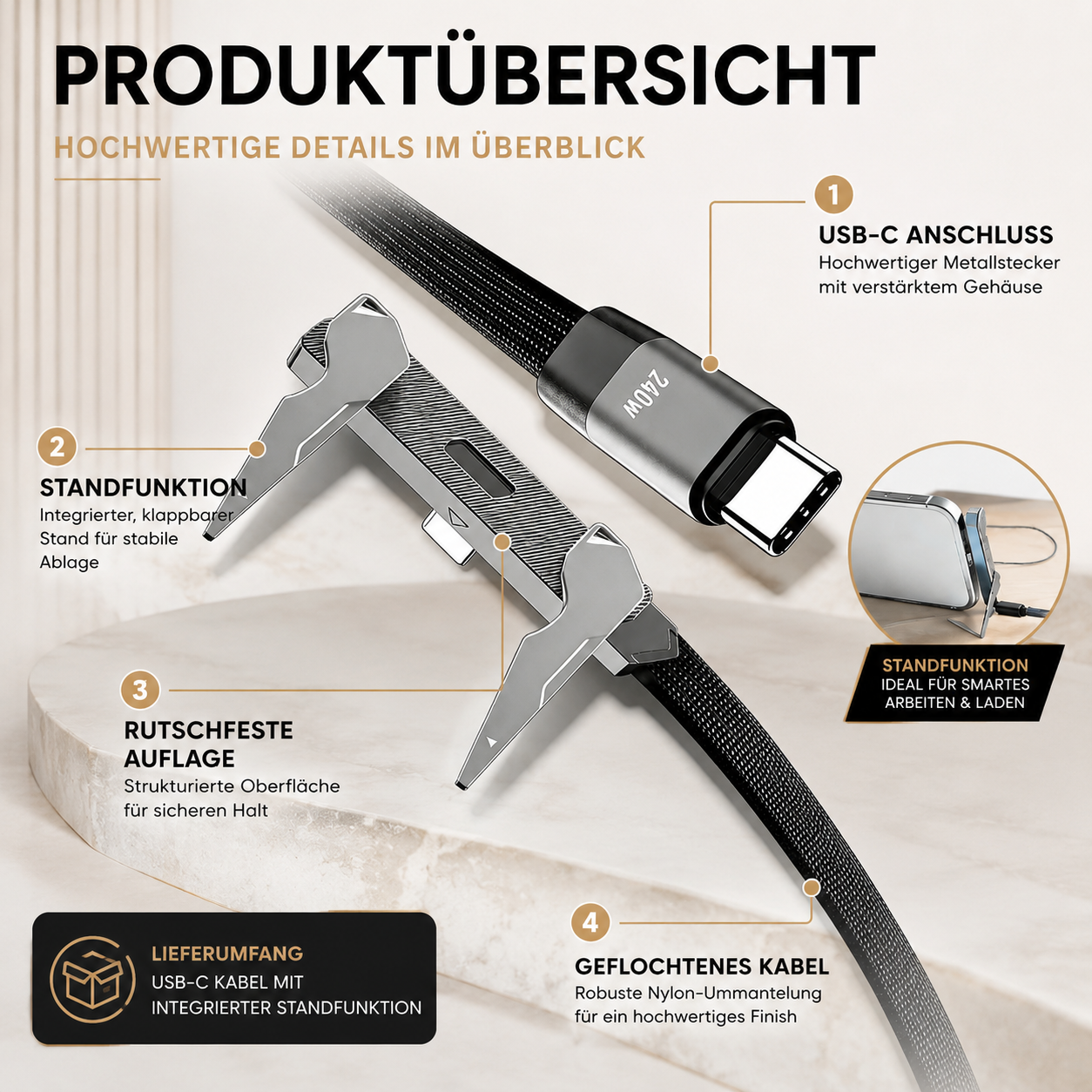 240W USB-C Kabel mit Standfunktion – Schnell & Smart Laden