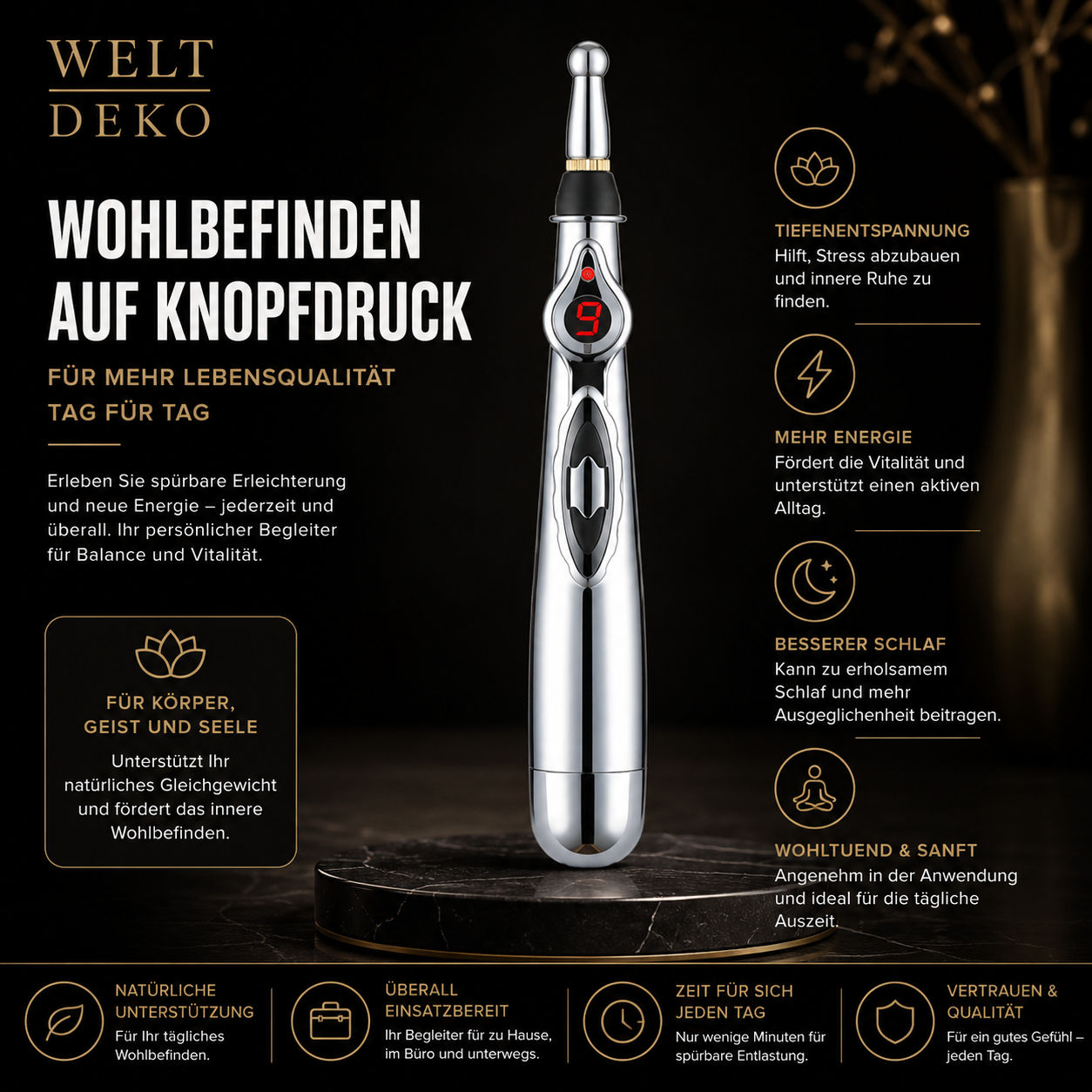 Elektronischer Akupunktur-Massagestift mit 5 Aufsätzen – Tragbares Körpermassagegerät