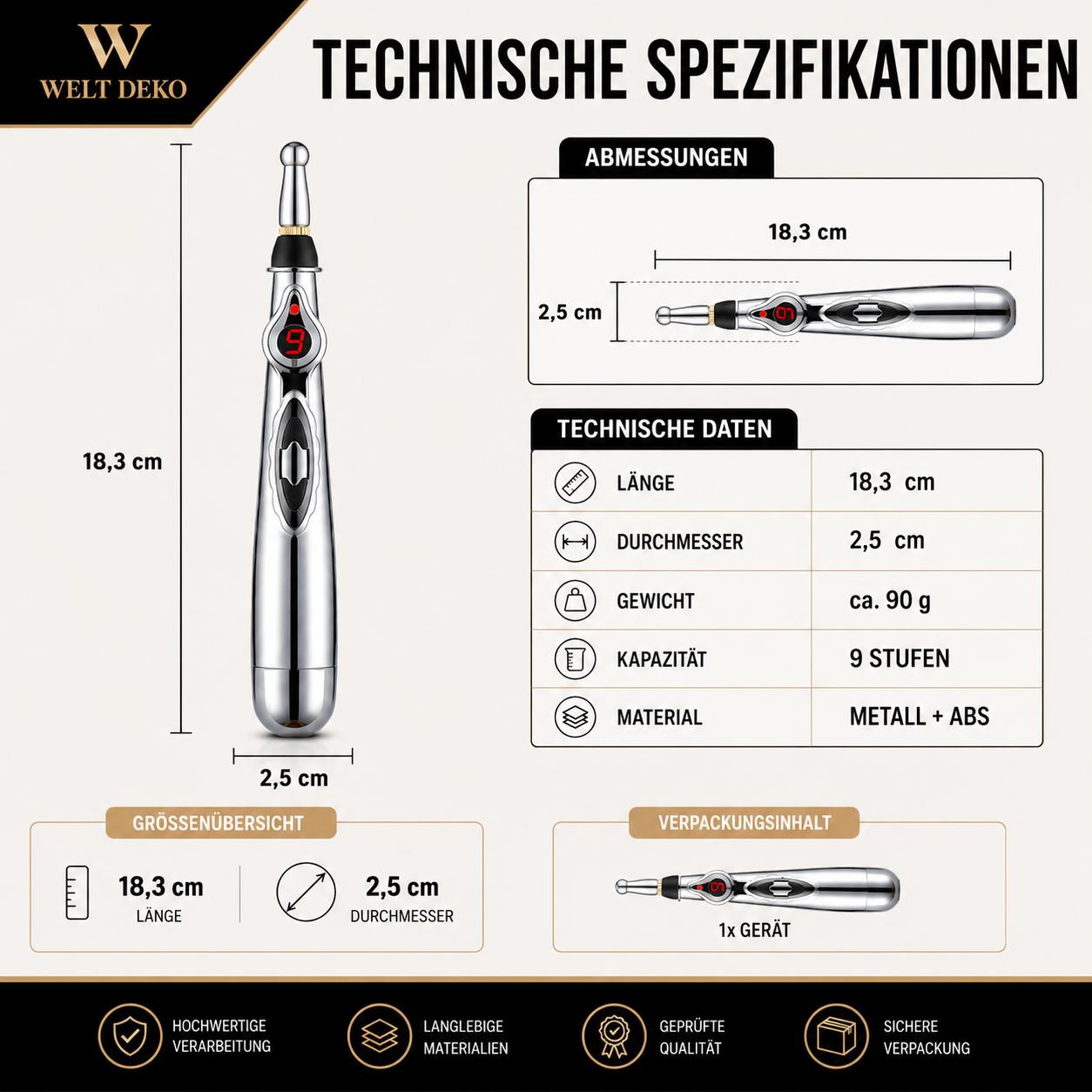 Elektronischer Akupunktur-Massagestift mit 5 Aufsätzen – Tragbares Körpermassagegerät