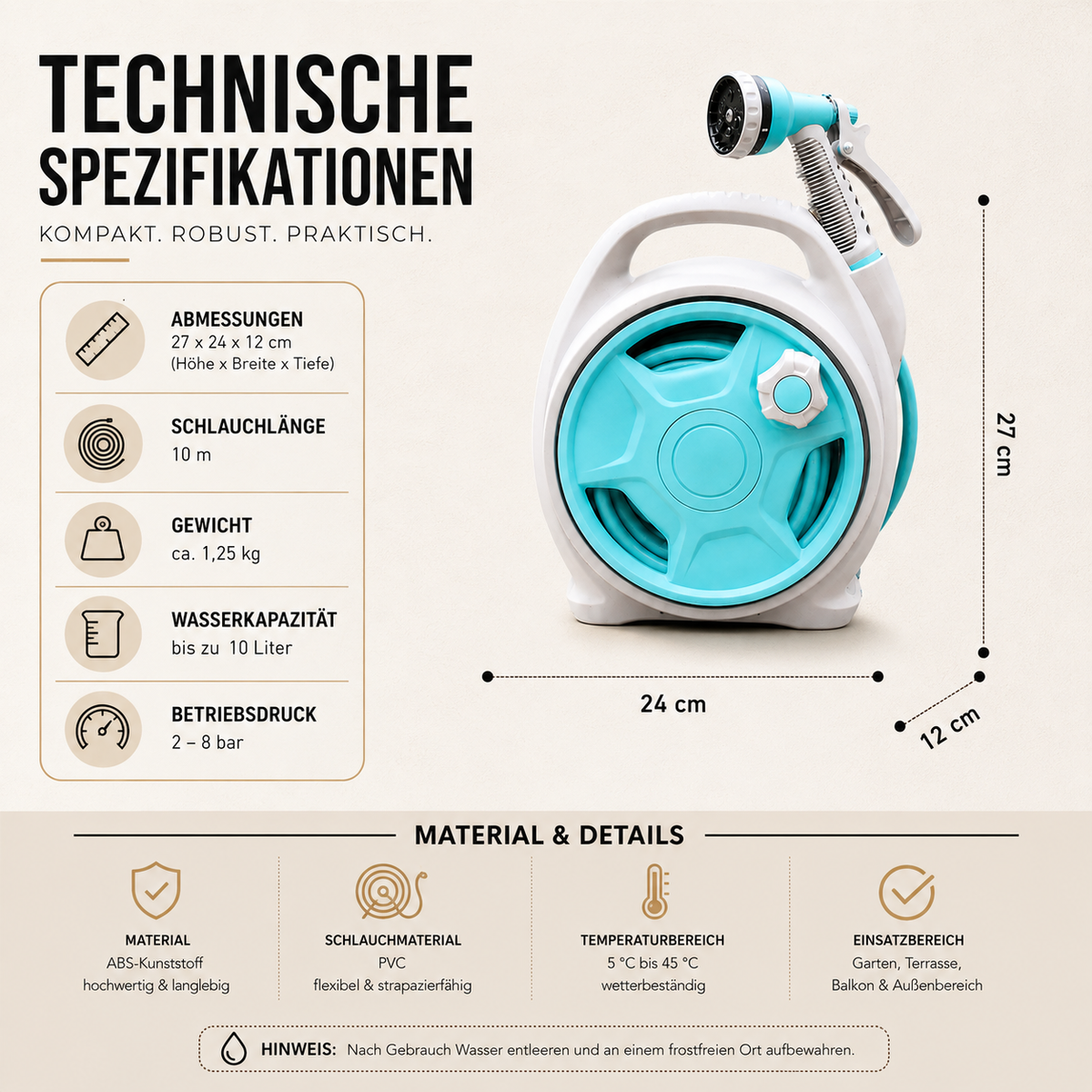 Gartenschlauch-Aufrollset mit verstellbarer Sprühdüse