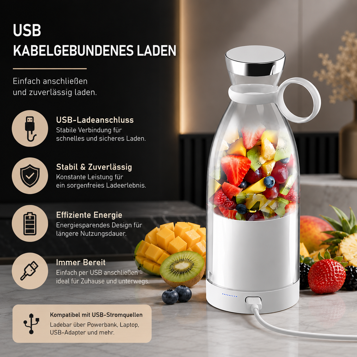 Tragbarer USB Smoothie Mixer mit kabelgebundenem Laden, wiederaufladbarem Akku und frischen Früchten im Behälter