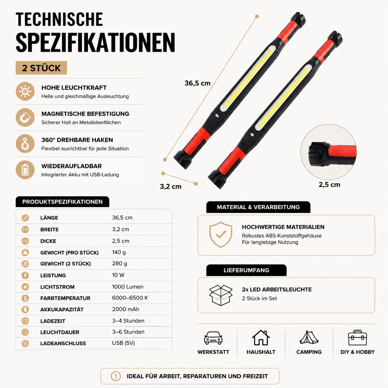 Rechargeable LED Arbeiten Licht mit Magnet & 360° Haken