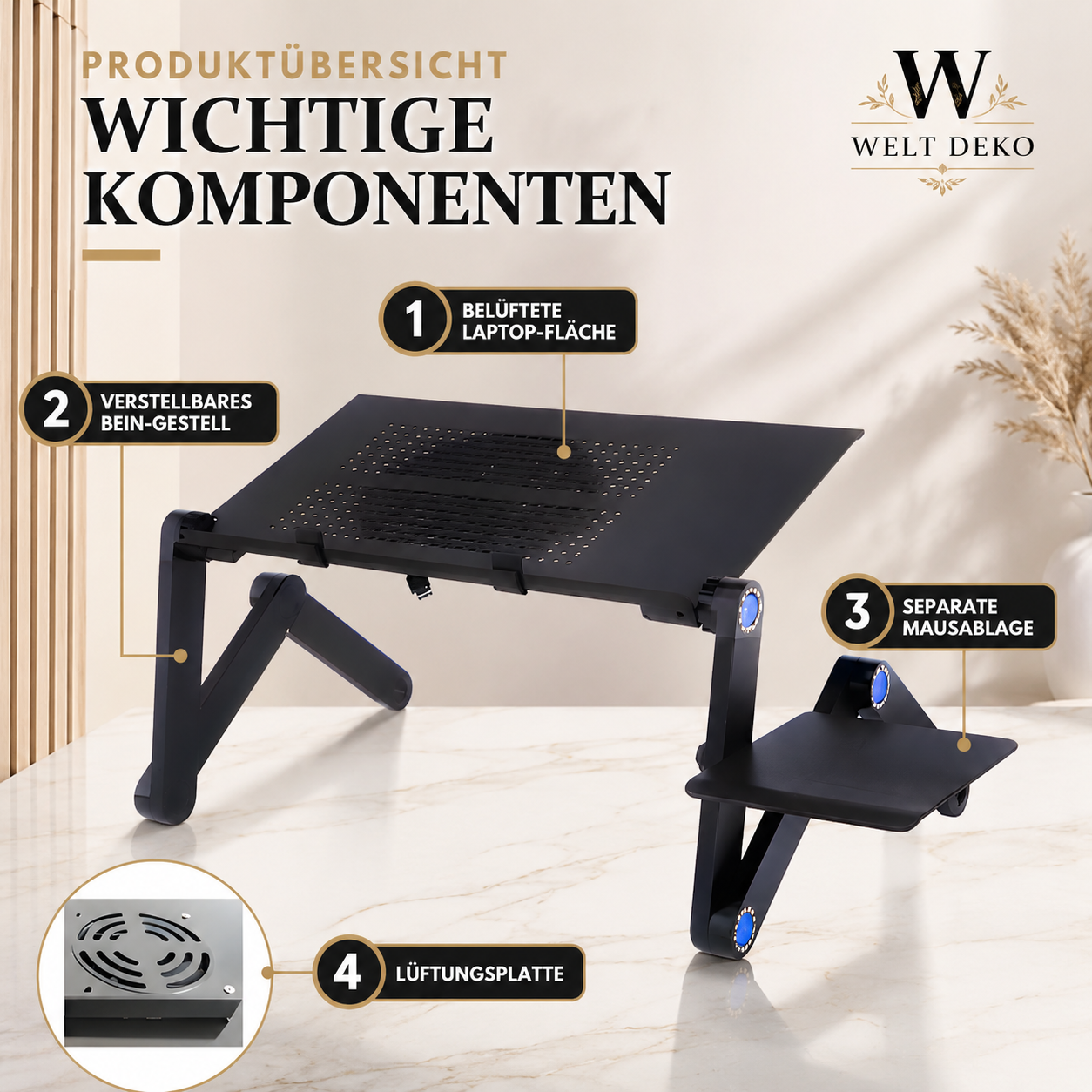 Ergonomischer Laptop Tisch mit Kühlung & Mausablage