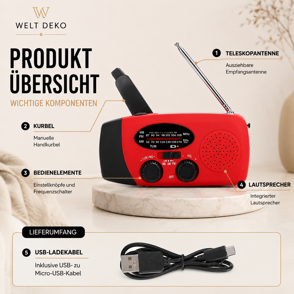 Solar Kurbelradio mit LED Licht & USB Ladefunktion
