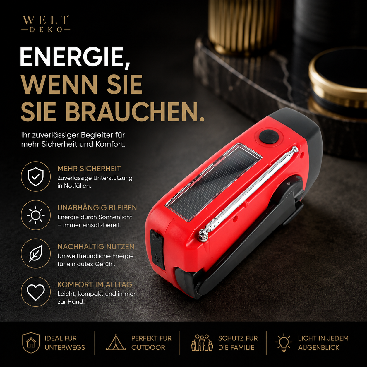 Solar Kurbelradio mit LED Licht & USB Ladefunktion