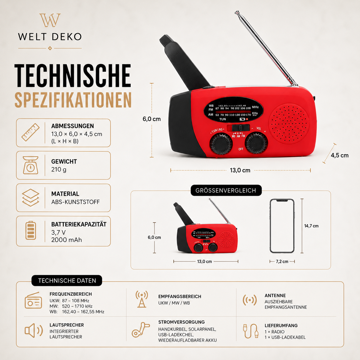 Solar Kurbelradio mit LED Licht & USB Ladefunktion