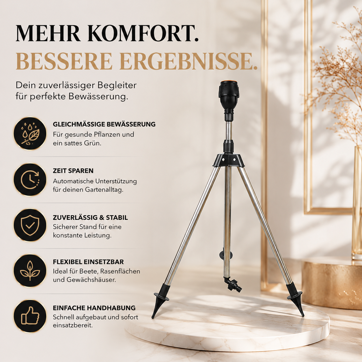 Flexibler Rasensprenger mit Stativ für gleichmäßige Bewässerung