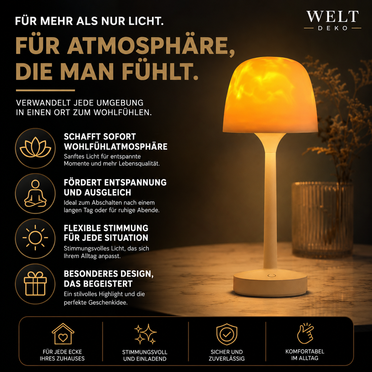 LED Tischlampe mit Wasser-Effekt – Dimmbares Ambient Licht