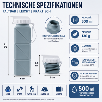 Faltbare Silikon-Trinkflasche für Reisen, Sport & Outdoor