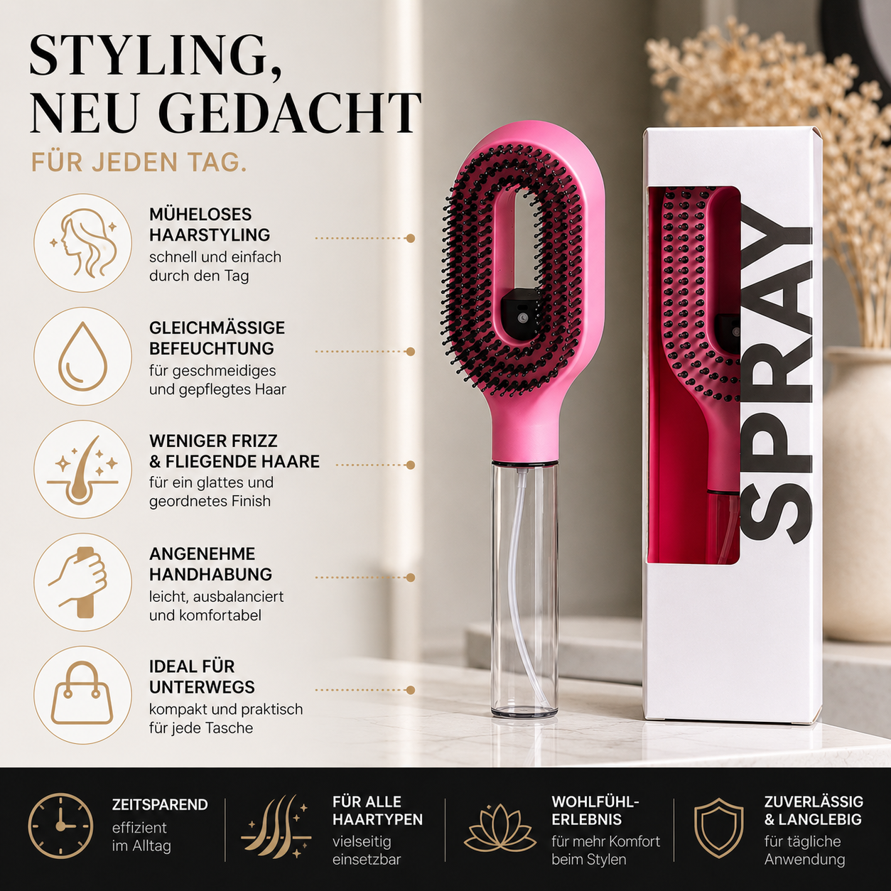 2-in-1 Haarkamm mit Sprühflasche für Nass- und Trockenstyling