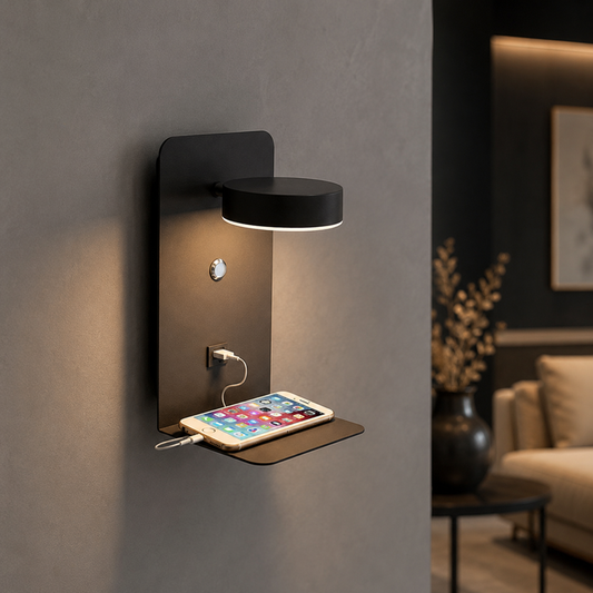 LED Wandlampe mit USB-Ladefunktion & Handyablage