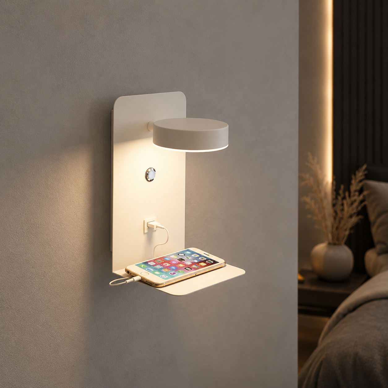 LED Wandlampe mit USB-Ladefunktion & Handyablage