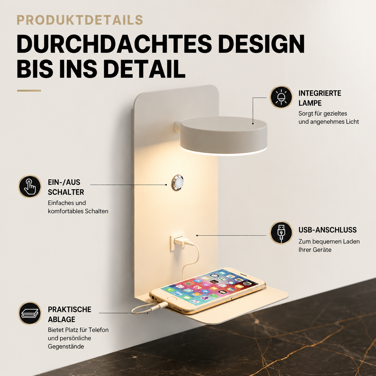 LED Wandlampe mit USB-Ladefunktion & Handyablage