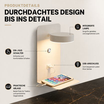 LED Wandlampe mit USB-Ladefunktion & Handyablage
