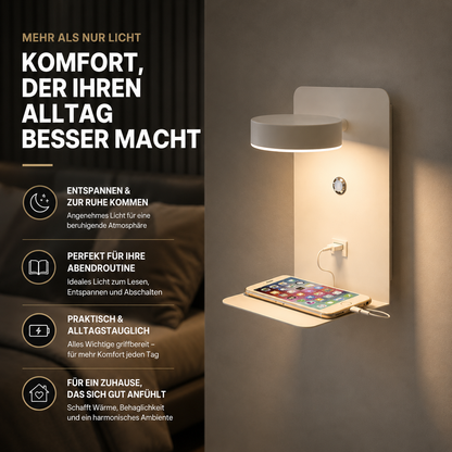 LED Wandlampe mit USB-Ladefunktion & Handyablage