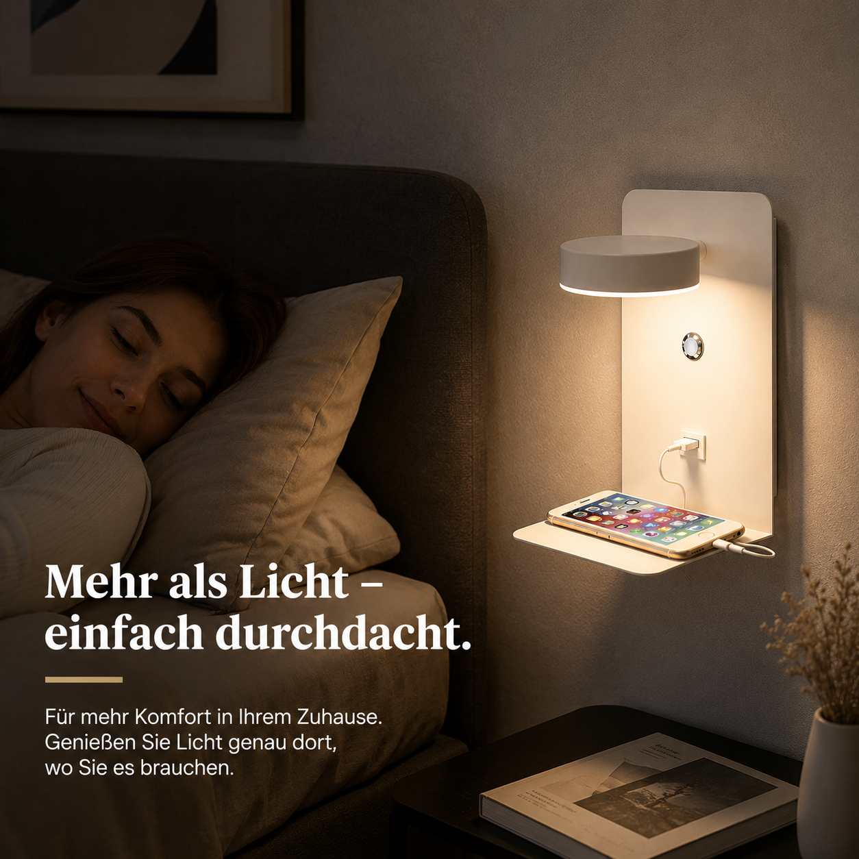 LED Wandlampe mit USB-Ladefunktion & Handyablage